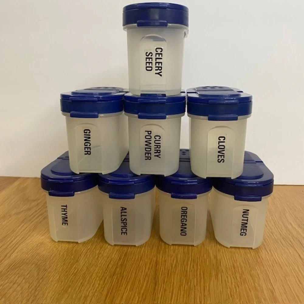Tupperware Spice Shaker Set 8pc Small Blue Good Modular Mates 1843-28 Labels